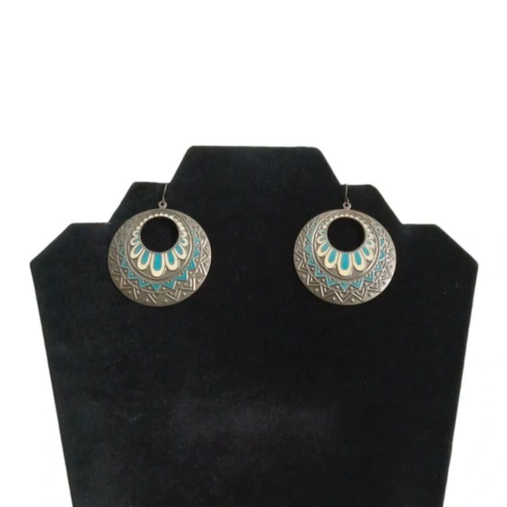 Round Blue Yellow Southwestern Gold Toned Metal Dangle Drop Statement Earrings